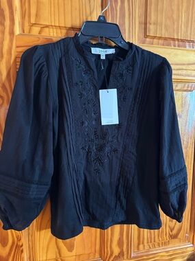 Joie Black Embroidered V-Neck Blouse with Pintuck Detail